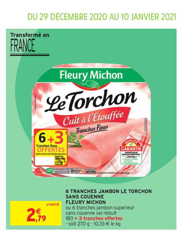6 tranches jambon le torchon sans couenne fleury michon