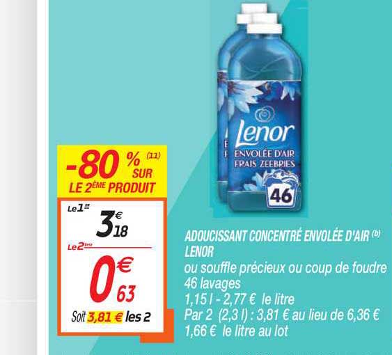 adoucissant concentré envolée d'air lenor -80% sur le 2ème produit