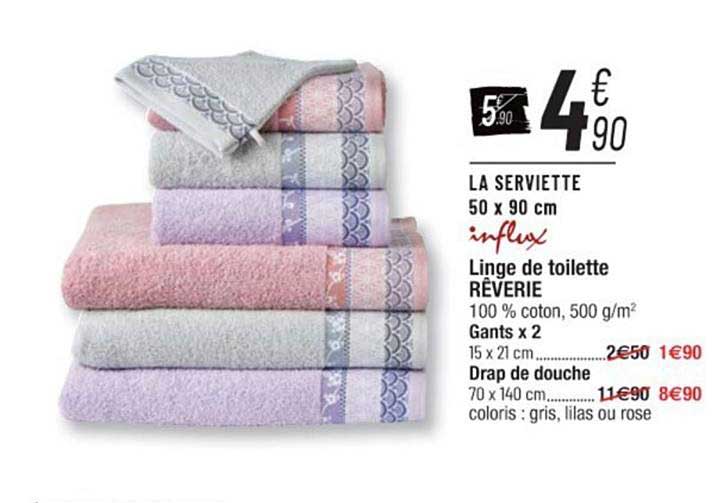la serviette 50 x 90 cm : linge de toilette rêverie, gants x2, drap de douche