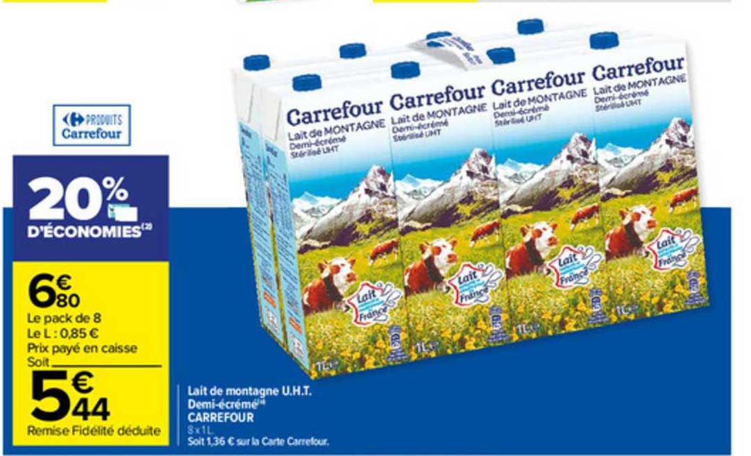 lait de montagne u.h.t. demi-écrémé carrefour