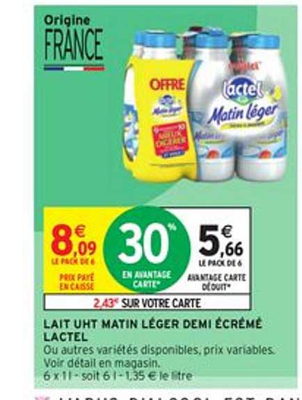 Lait Uht Matin Léger Demi écrémé Lactel