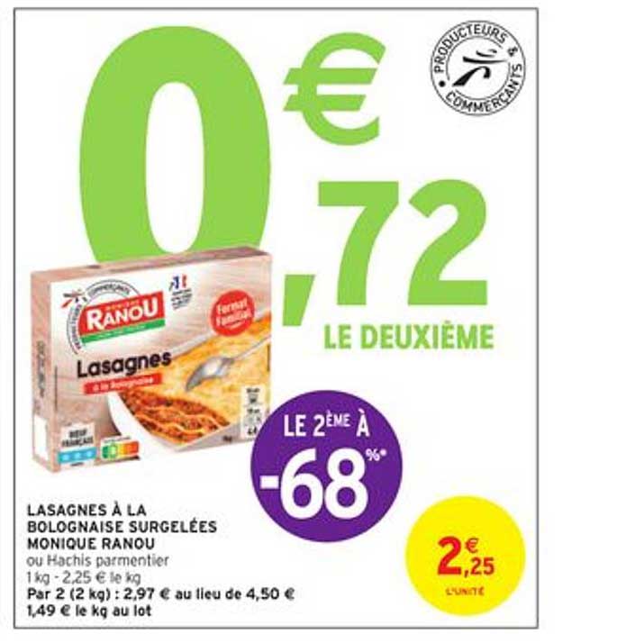 lasagnes à la bolognaise surgelées monique ranou le 2ème à -68%