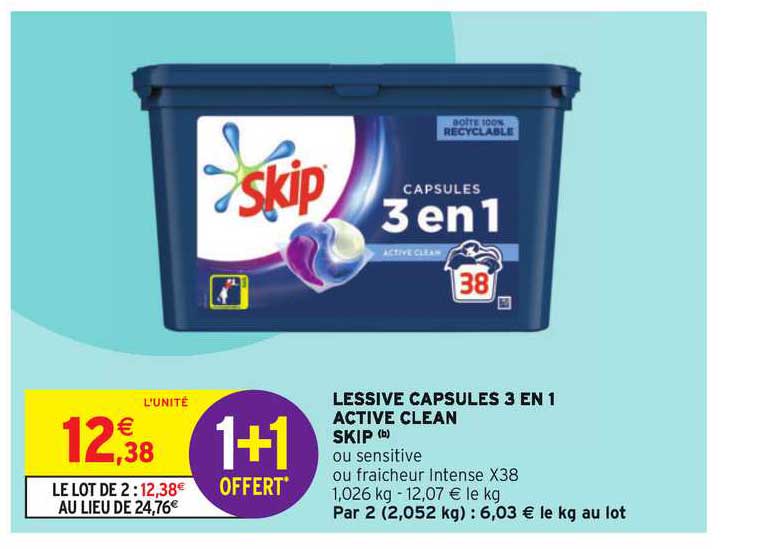 Lessive Capsules 3 En 1 Active Clean Skip 1+1 Offert