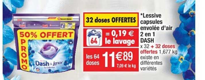 lessive capsules envolée d'air 2 en 1 dash