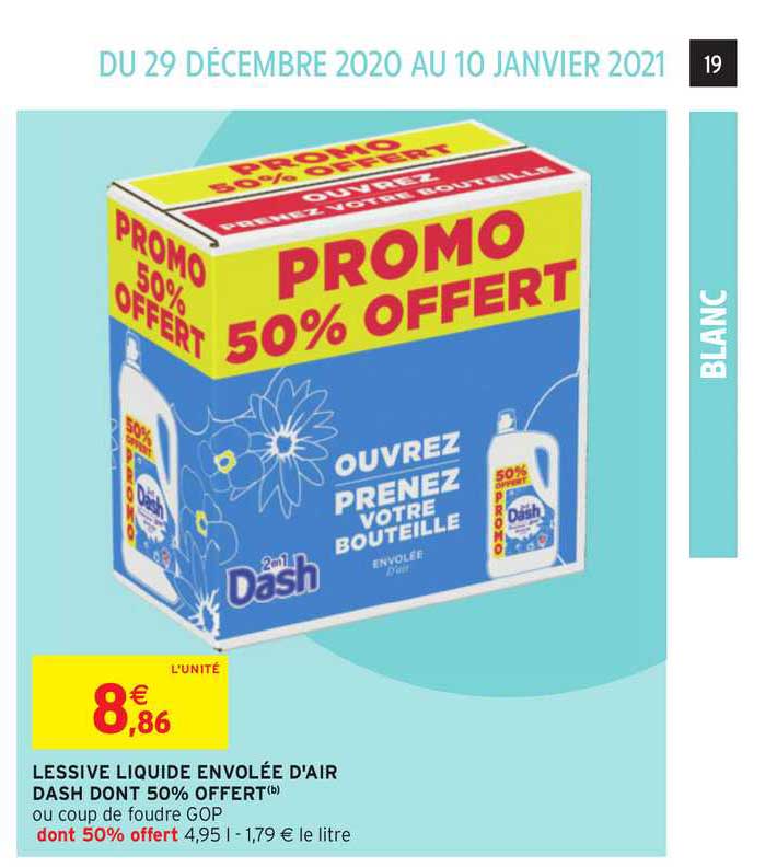 lessive liquide envolée d'air dash dont 50% offert