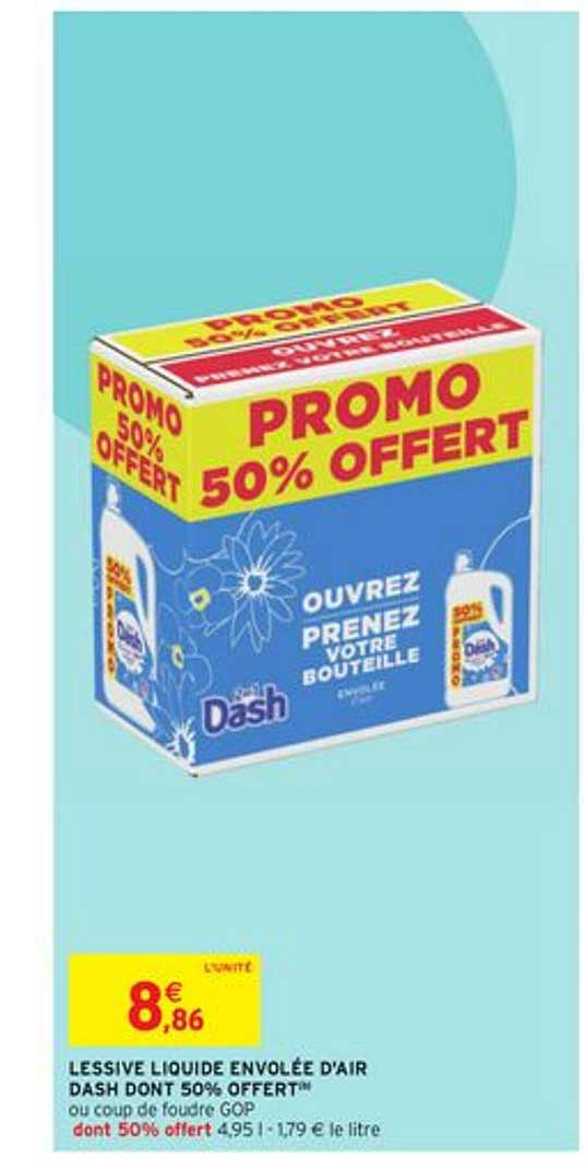 lessive liquide envolée d'air dash dont 50% offert