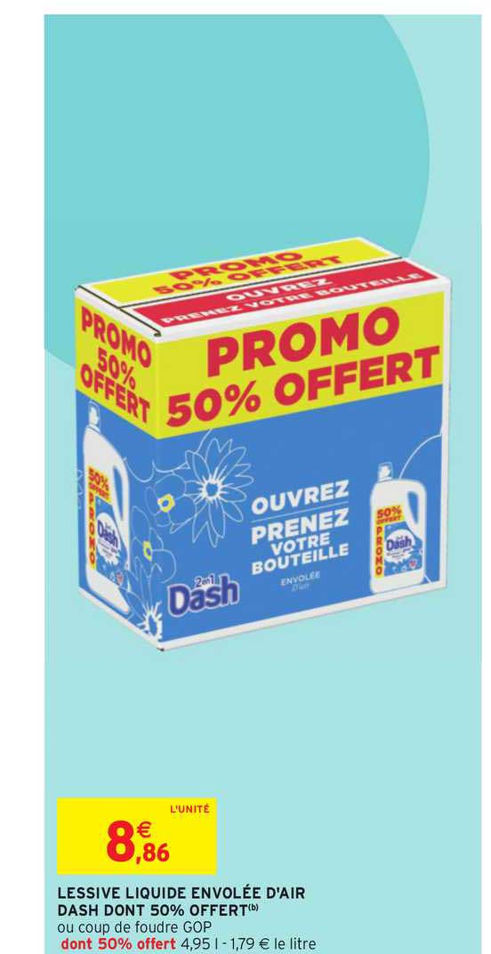 lessive liquide envolée d'air dash dont 50% offert
