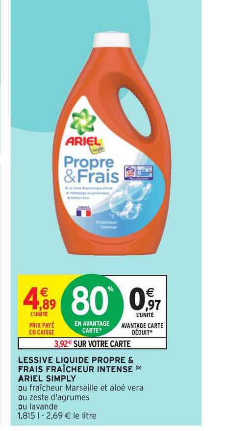 lessive liquide propre & frais fraîcheur intense ariel simply