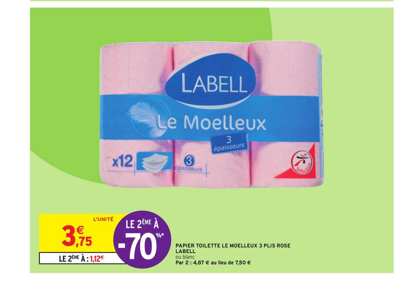 papier toilette le moelleux 3 plis rose labell le 2ème à -70%