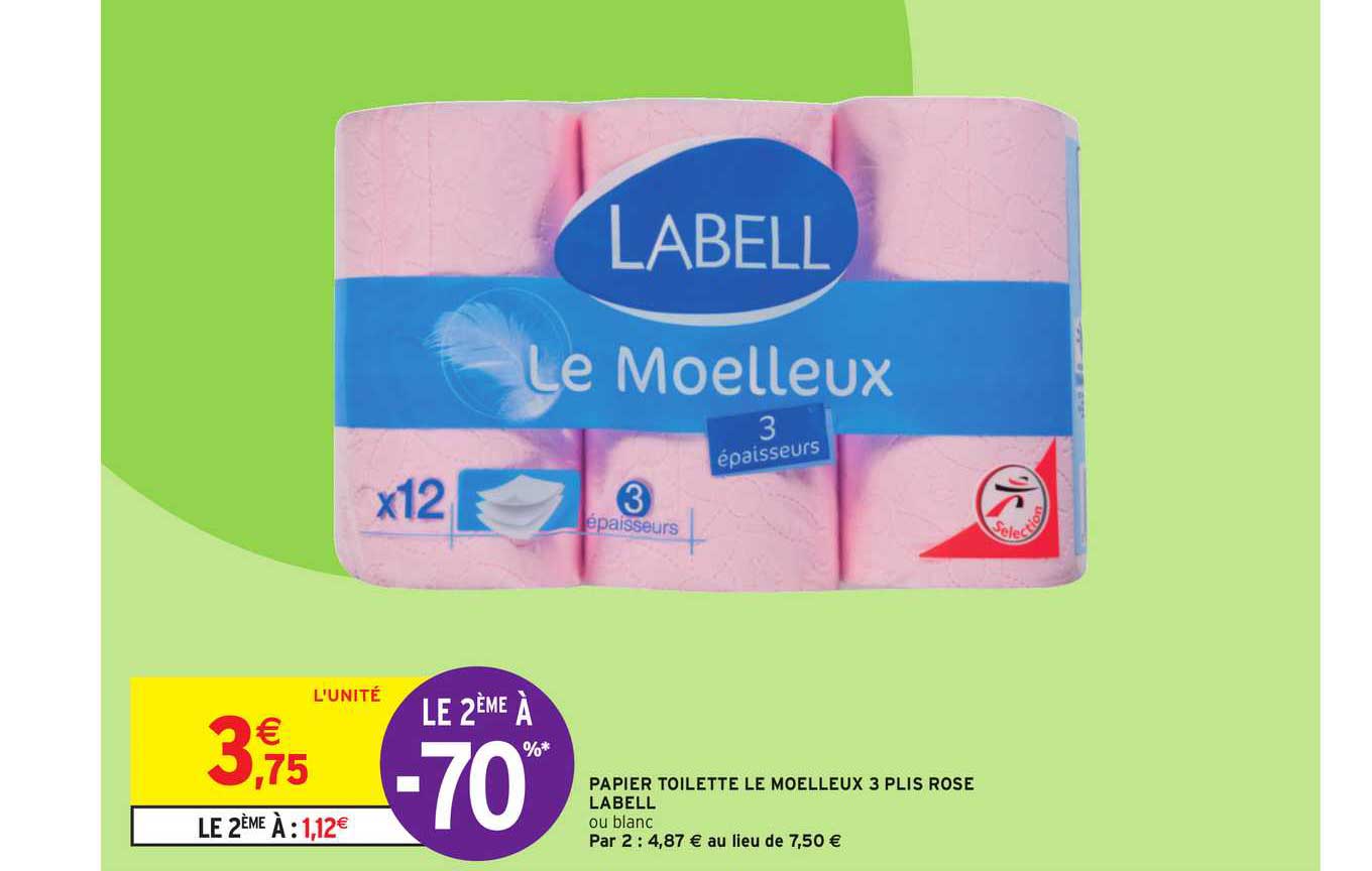 papier toilette le moelleux 3 plis rose labell le 2ème à -70%