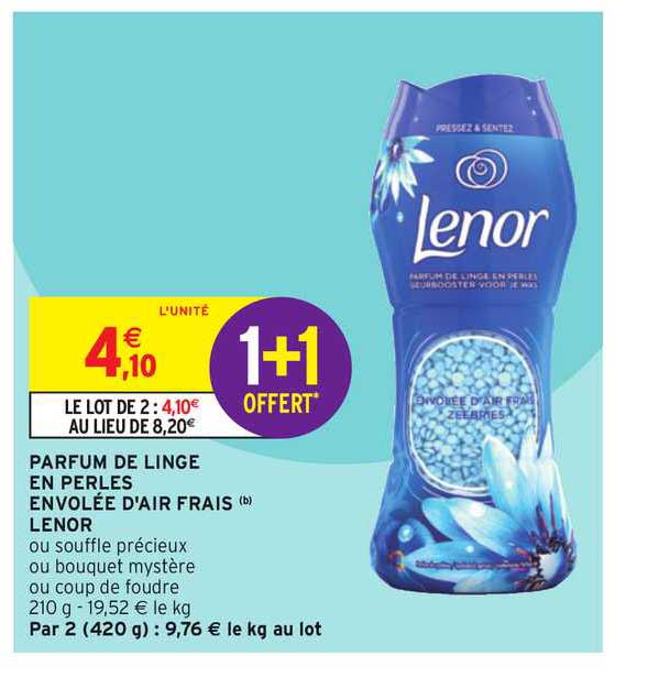 parfum de linge en perles envolée d'air frais lenor 1+1 offert