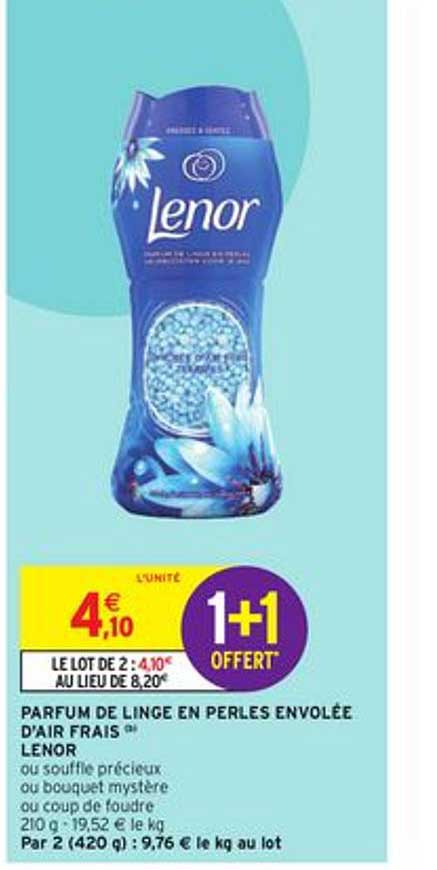 parfum de linge en perles envolée d'air frais lenor 1+1 offert