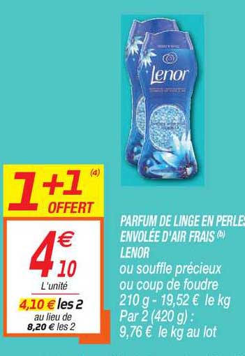 parfum de linge en perles envolée d'air frais lenor 1+1 offert