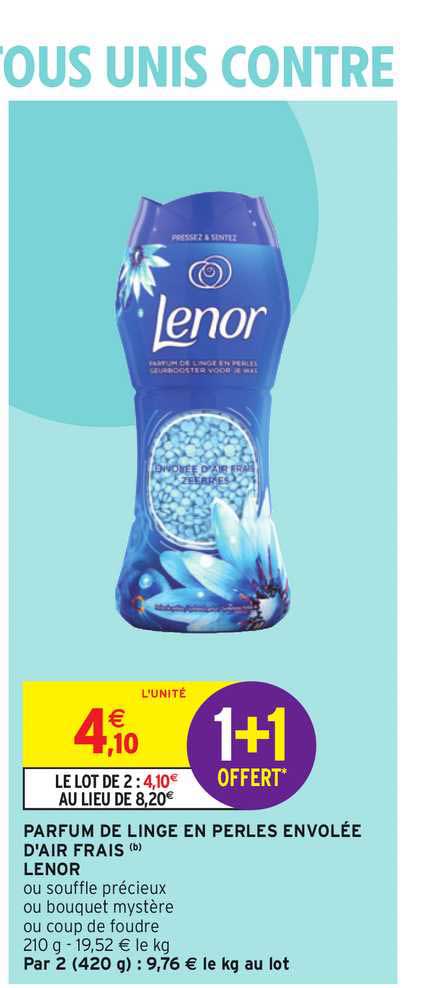 parfum de linge en perles envolée d'air frais lenor 1+1 offert