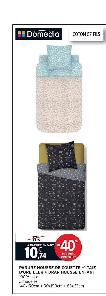 parure housse de couette + 1 taie d'oreiller + draps housse enfant -40% de remise immédiate