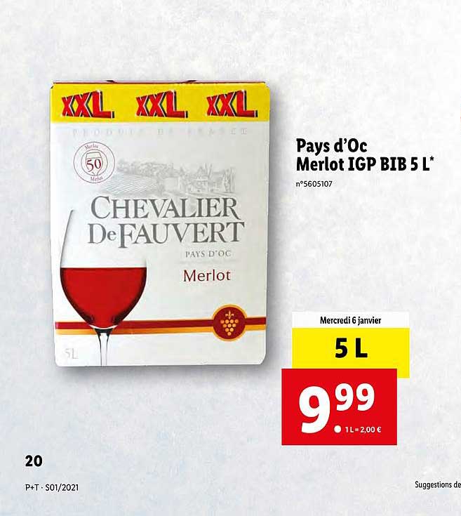 Pays D'oc Merlot Igp Bib 5l Chevalier De Fauvert