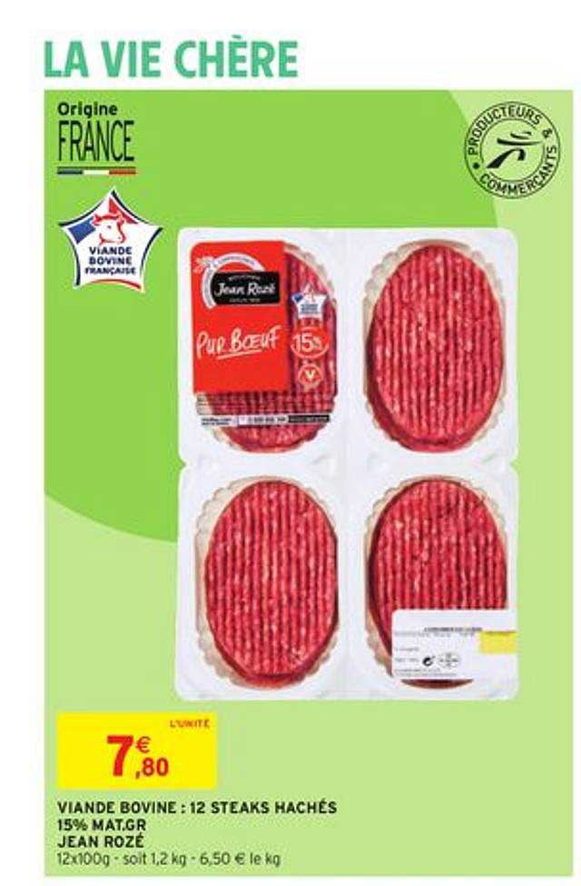 viande bovine : 12 steaks hachés 15% mat. gr jean rozé