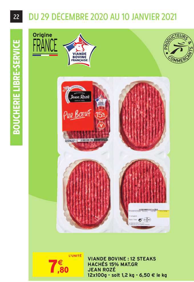 viande bovine 12 steaks hachés 15% mat. gr. jean rozé