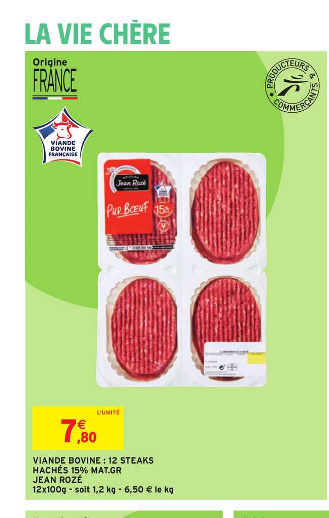 viande bovine 12 steaks hachés 15% mat. gr. jean rozé
