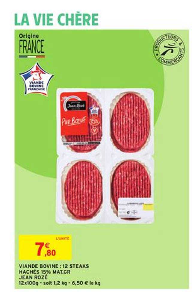 viande bovine 12 steaks hachés 15% mat.gr. jean rozé