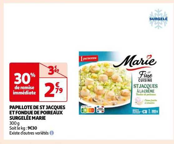 papillote de st jacques et fondue de poireaux surgelée marie