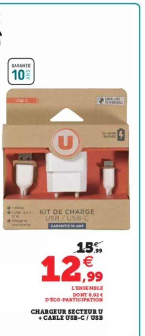 chargeur secteur u + câble usb-c - usb