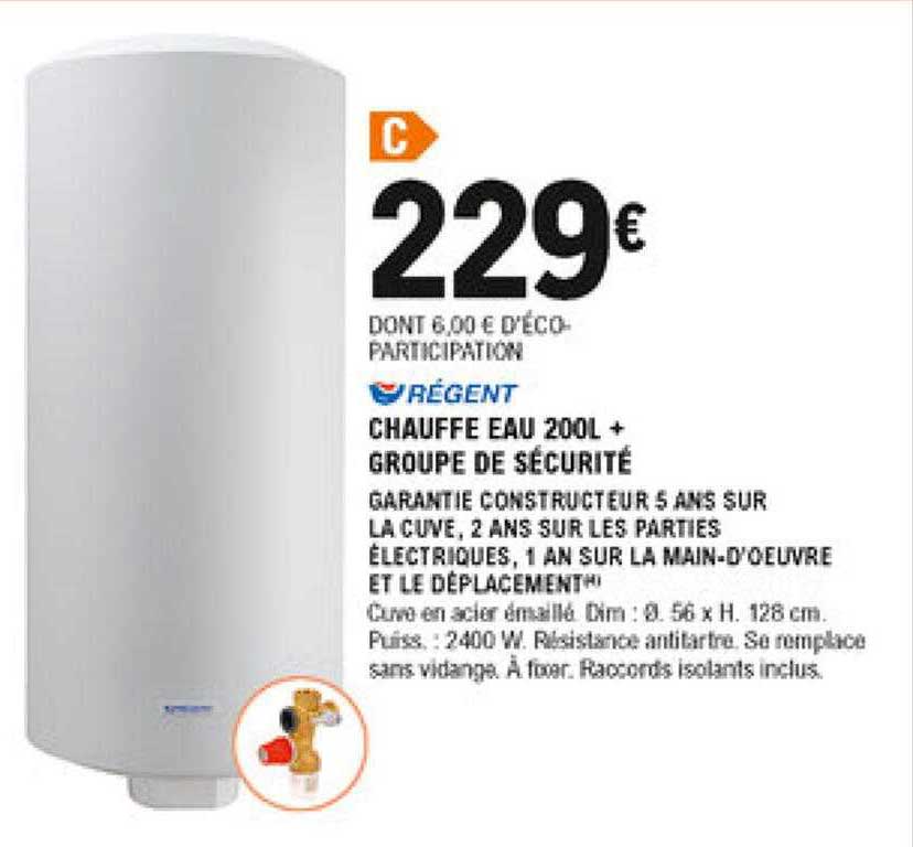 chauffe eau 200l + groupe de sécurité régent