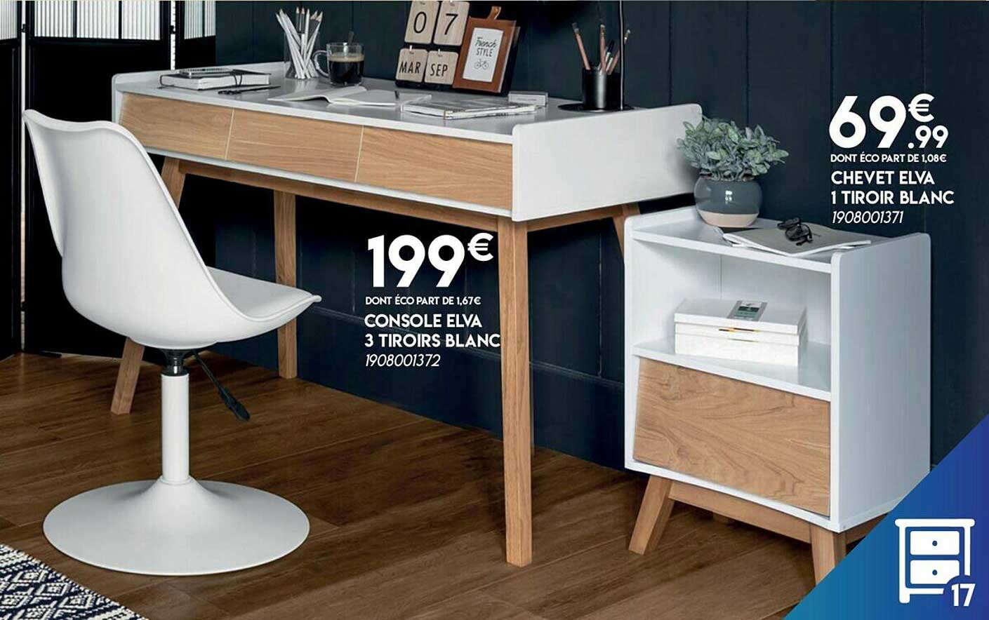 console elva 3 tiroirs blanc, chevet elva 1 tiroir blanc