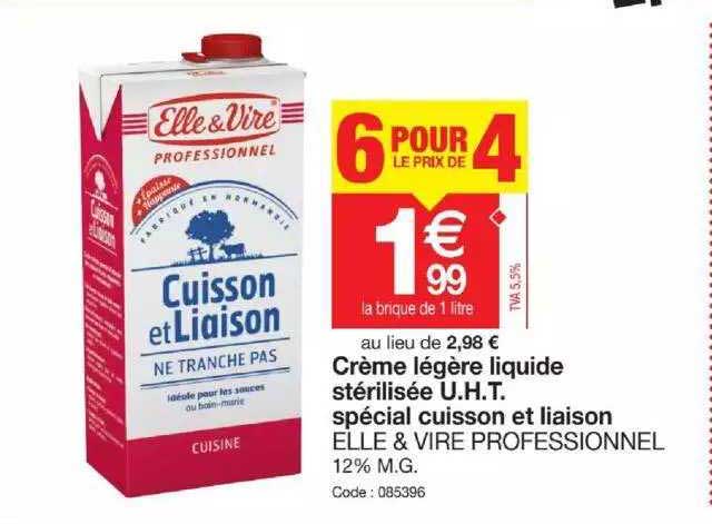 crème légère liquide stérilisée u.h.t. spécial cuisson et liaison elle & vire professionnel