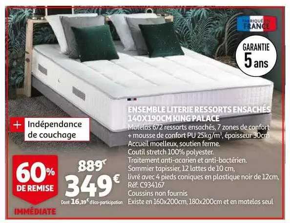 ensemble literie ressorts ensachés 140 x 190 cm king palace