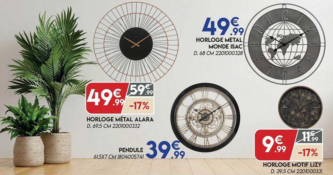 horloge métal alara, pendule, horloge monde isac, horloge motif lizy