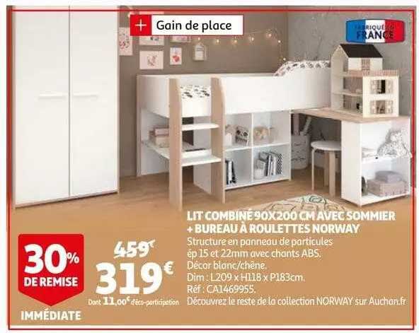lit combiné 90 x 200 cm avec sommier + bureau à roulettes norway
