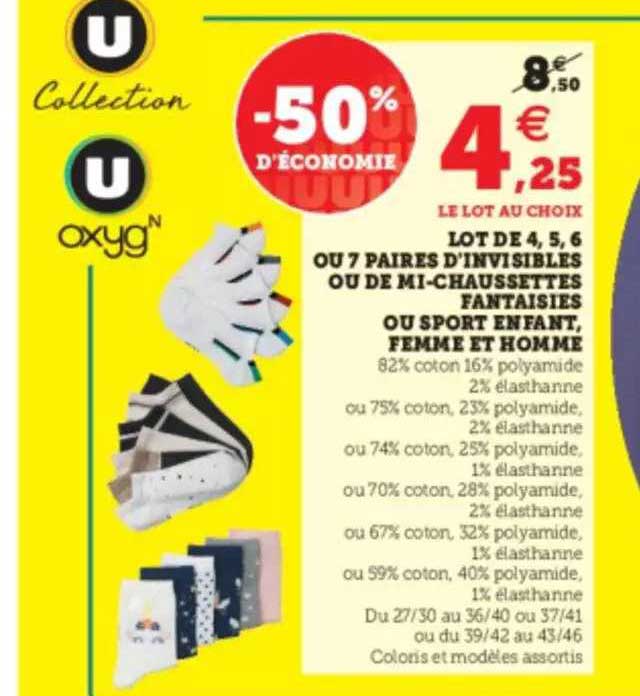 lot de 4, 5, 6 ou 7 paires d'invisibles ou de mi-chaussettes fantaisies ou sport enfant, femme et homme