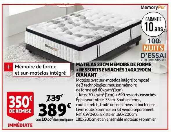 matelas 33 cm mémoire de forme + ressorts ensachés 140 x 190 cm diamant
