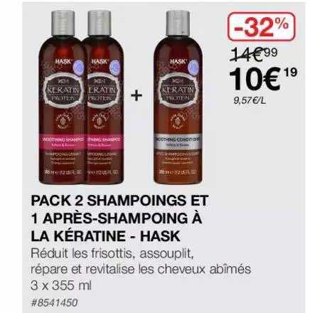 pack 2 shampoings et 1 après-shampoing à la kératine - hask