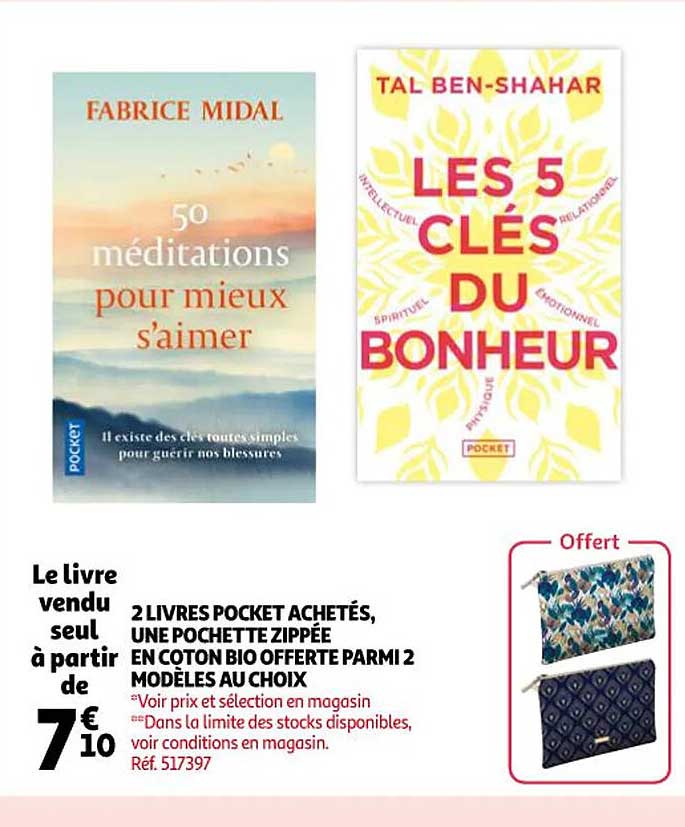 2 livres pocket achetés, une pochette zippée en coton bio offerte parmi 2 modèles au choix