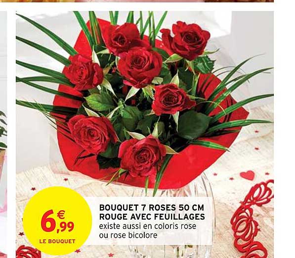 bouquet 7 roses 50 cm rouge avec feuillages