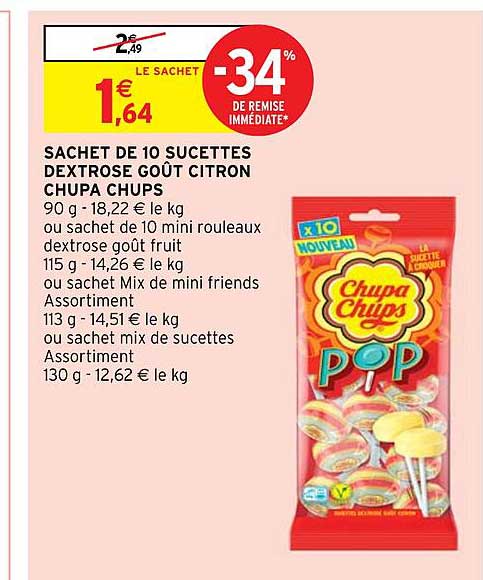 sachet de 10 sucettes dextrose goût citron chupa chups