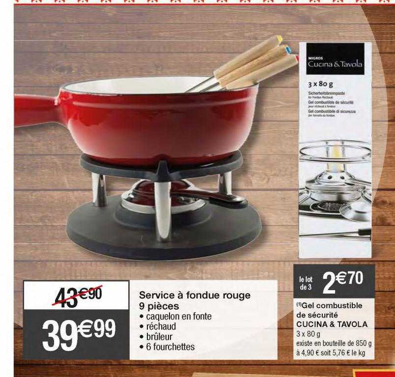 service à fondue rouge 9 pièces, gel combustible de sécurité cucina & tavola