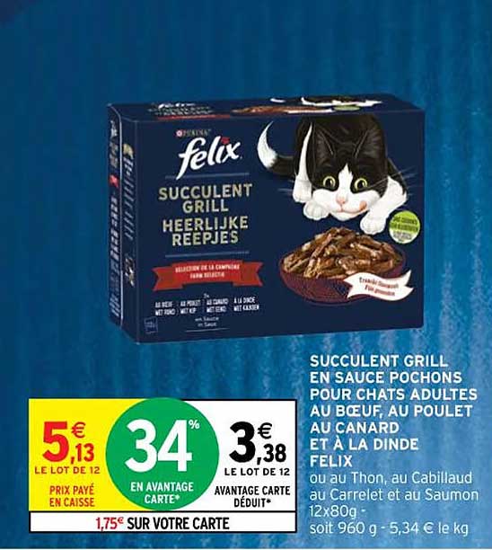 succulent grill en sauce pochons pour chats adultes au boeuf, au poulet au canard et à la dinde felix