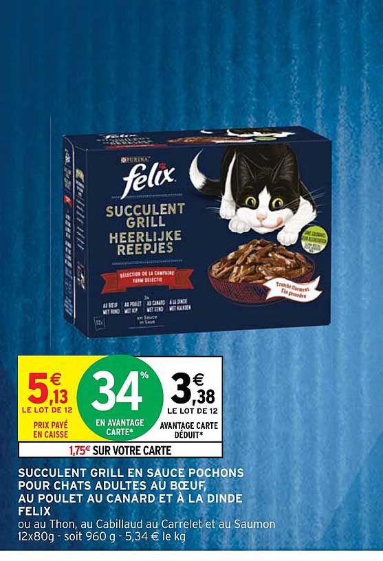 succulent grill en sauce pochons pour chats adultes au bœuf, au poulet au canard et à la dinde felix