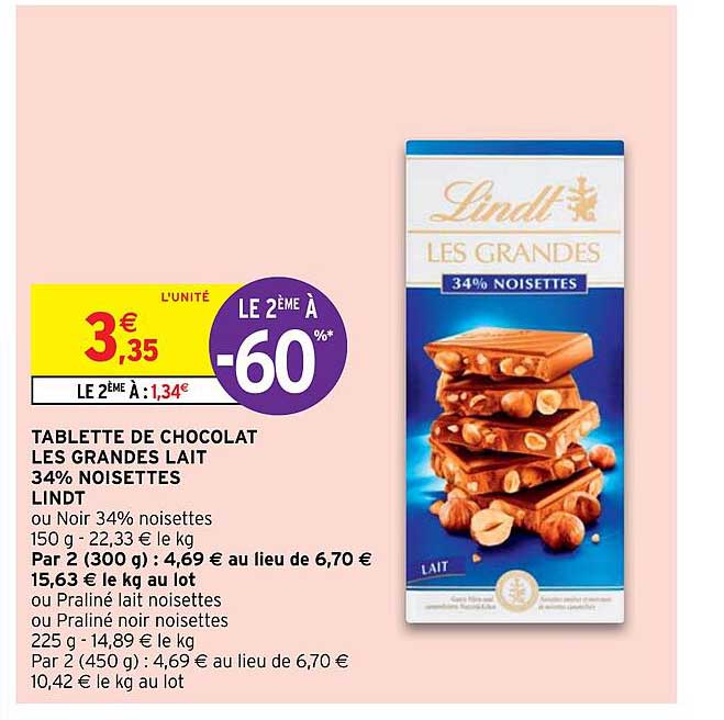 tablette de chocolat les grandes lait 34% noisettes lindt