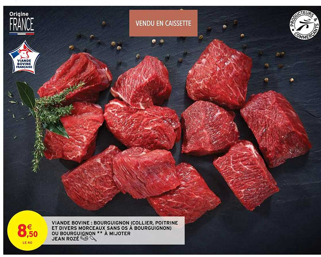 viande bovine : bourguignon (collier, poitrine et divers morceaux sans os à bourguignon) jean rozé