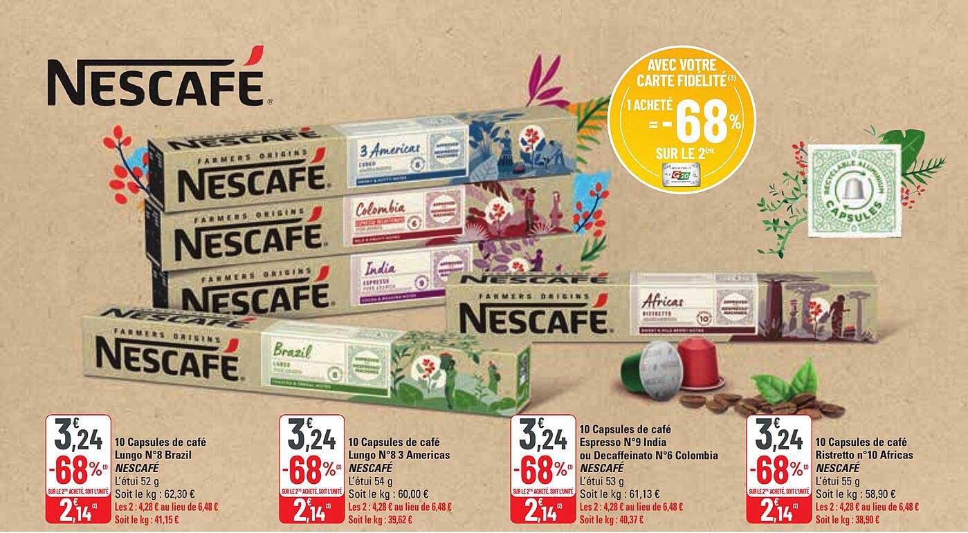 10 capsules de café lungo n°8 brazil nescafé, 10 capsules de café lungo n°8 3 americas nescafé, 10 capsules de café espresso n°9 india ou decaffeinato n°6 colombia nescafé, 10 capsules de café ristret