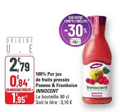 100% pur jus de fruits pressés pomme & framboise innocent