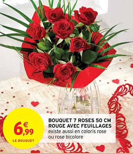 bouquet 7 roses 50 cm rouge avec feuillages