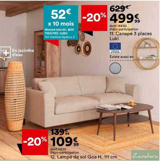 canapé 3 places luki lampe de sol goa h. 111 cm zandiara
