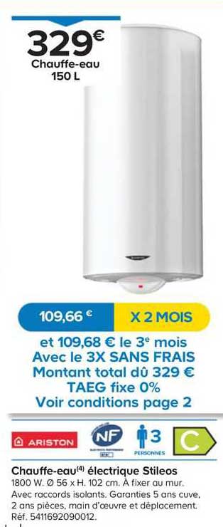 chauffe-eau 150 l électrique stileos ariston