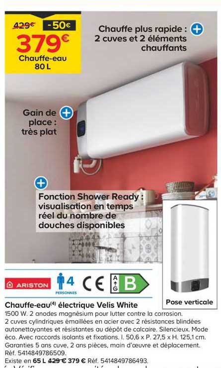 chauffe-eau 80 l électrique velis white ariston
