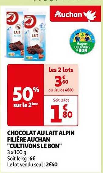 chocolat au lait alpin filière auchan "cultivons le bon"